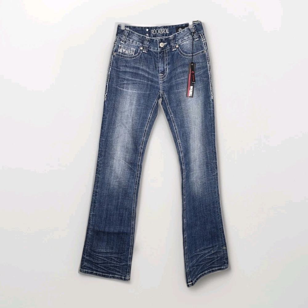 NWT Rock & Roll Cowgirl Womens Sz 26x34 Midrise Bootcut Denim Blue Jeans Western